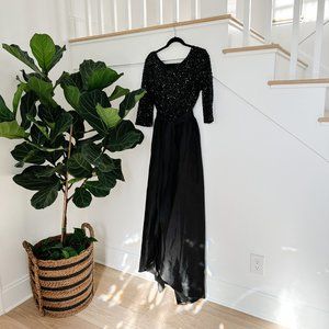 Adrianna Papell Black Sequin High Low Bow Ballgown Dress Size 14